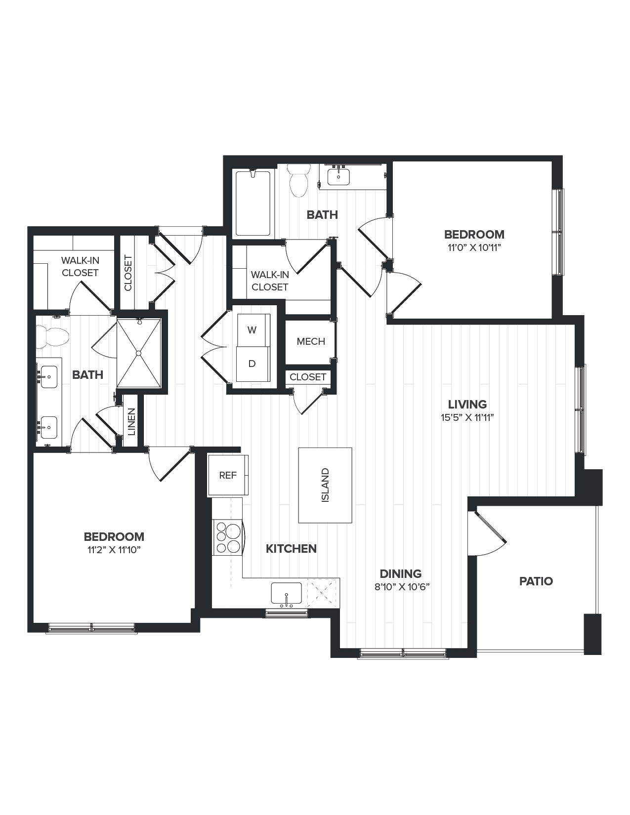 Floor plan for 2 beds, 2 baths, 1104 sqft
